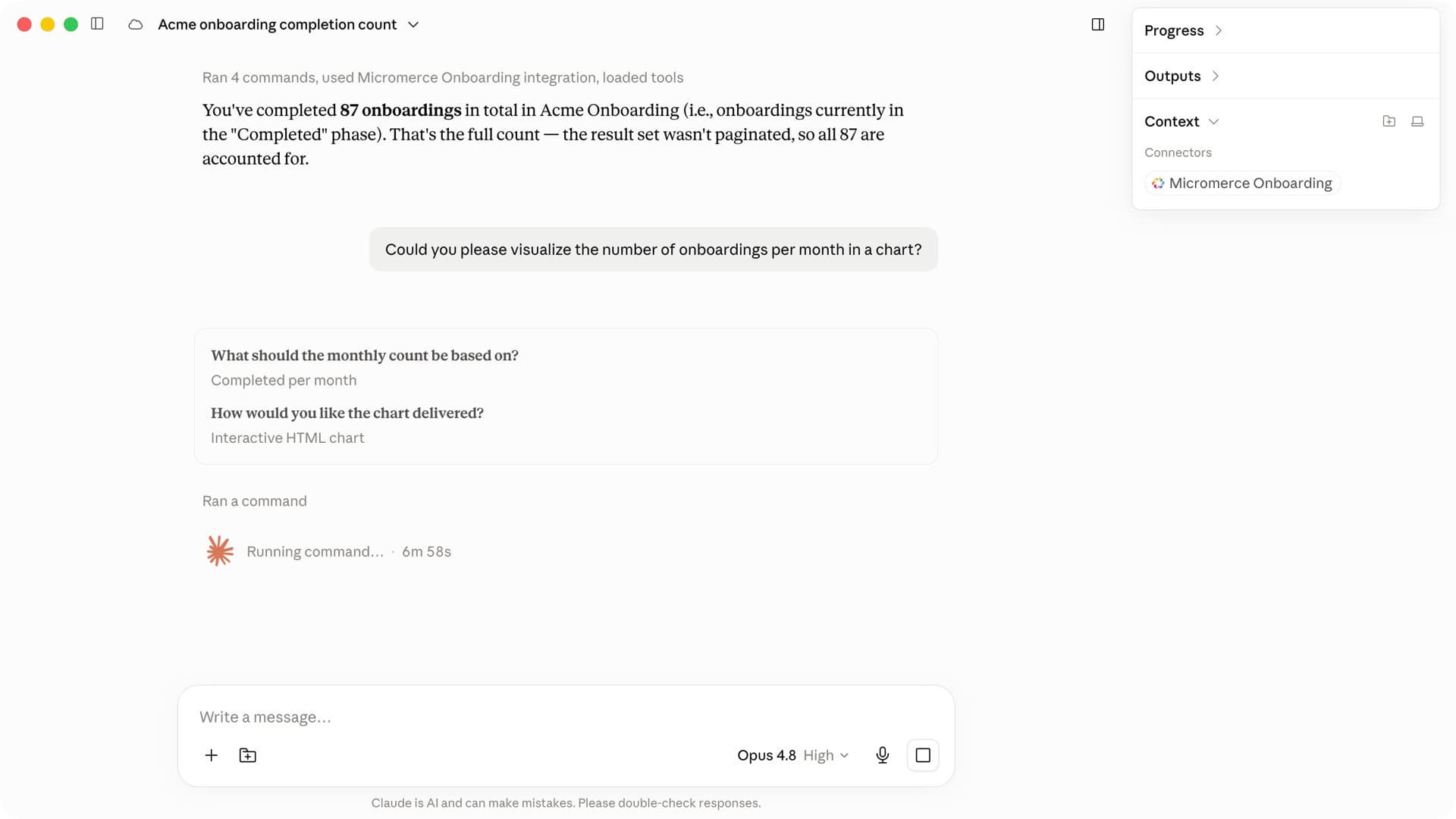 An AI assistant answering an onboarding question through the Micromerce connector, returning a count straight from the platform data