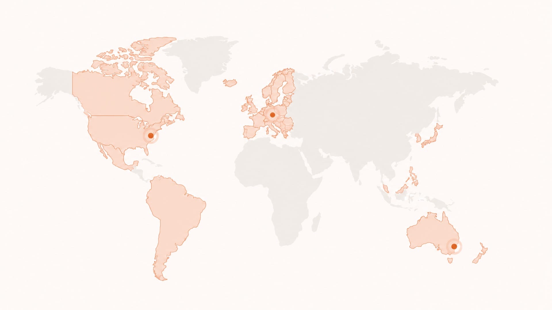 World map with three independent processing regions highlighted and a marker in each: Frankfurt, Northern Virginia and Melbourne