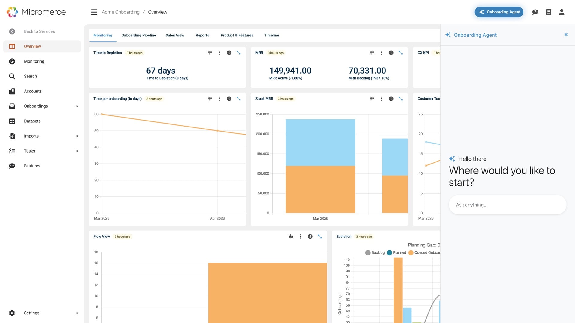 Das Onboarding-Agent-Panel offen neben dem Monitoring-Dashboard im Micromerce-Backoffice, mit der Frage, wo man starten möchte