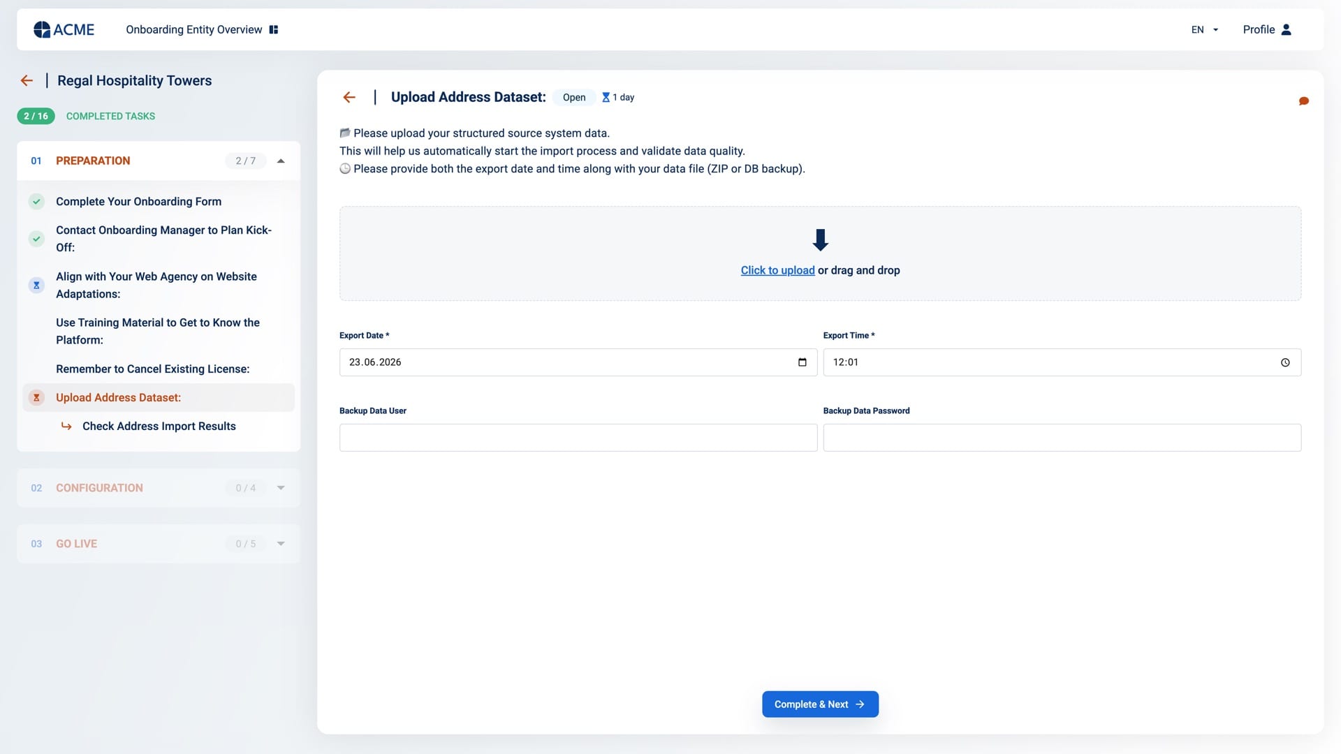 Upload step in the client portal — drag and drop for the source system export with export date, time and backup password, followed by an import results task