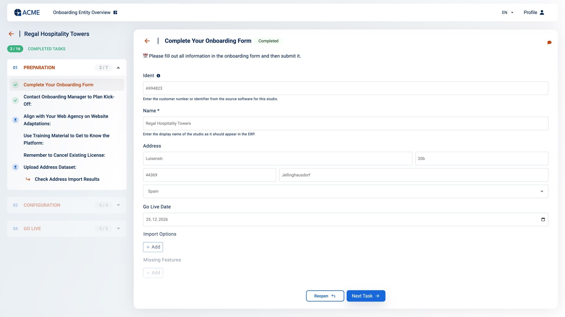 Client portal task list with preparation steps and an onboarding form the customer fills in directly, including go-live date and import options