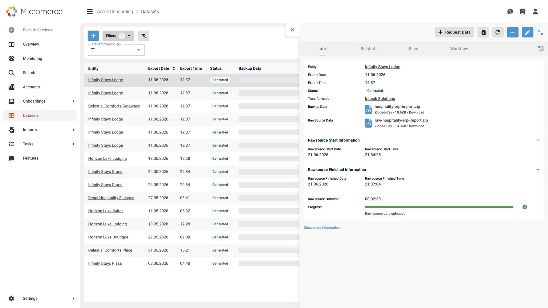 Dataset view — source backup captured as a snapshot with a green completion bar; advanced delta sync keeps the target in sync afterwards