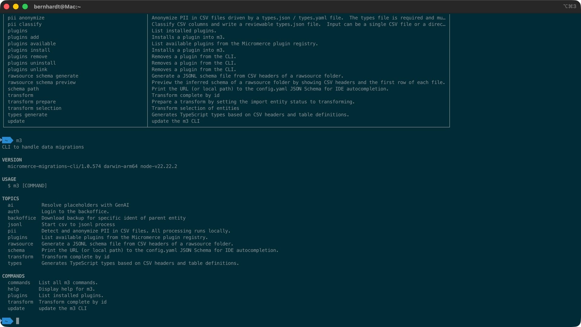 Micromerce m3 migration CLI — PII detected and anonymized locally, the same deterministic engine that runs every transformation, version-controlled in Git