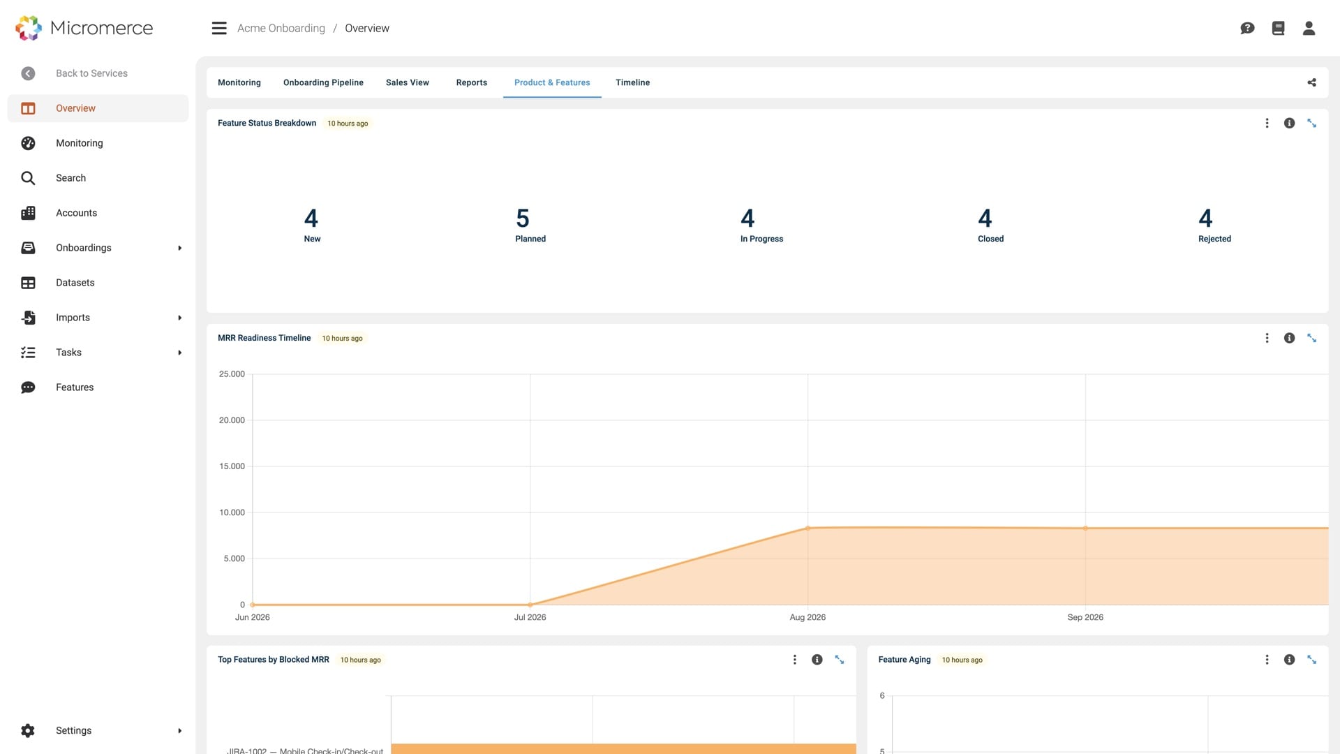 Product-&-Features-Dashboard im Micromerce-Backoffice — Feature-Status-Übersicht, MRR-Readiness-Timeline, Top-Features nach blockiertem MRR und Feature Aging