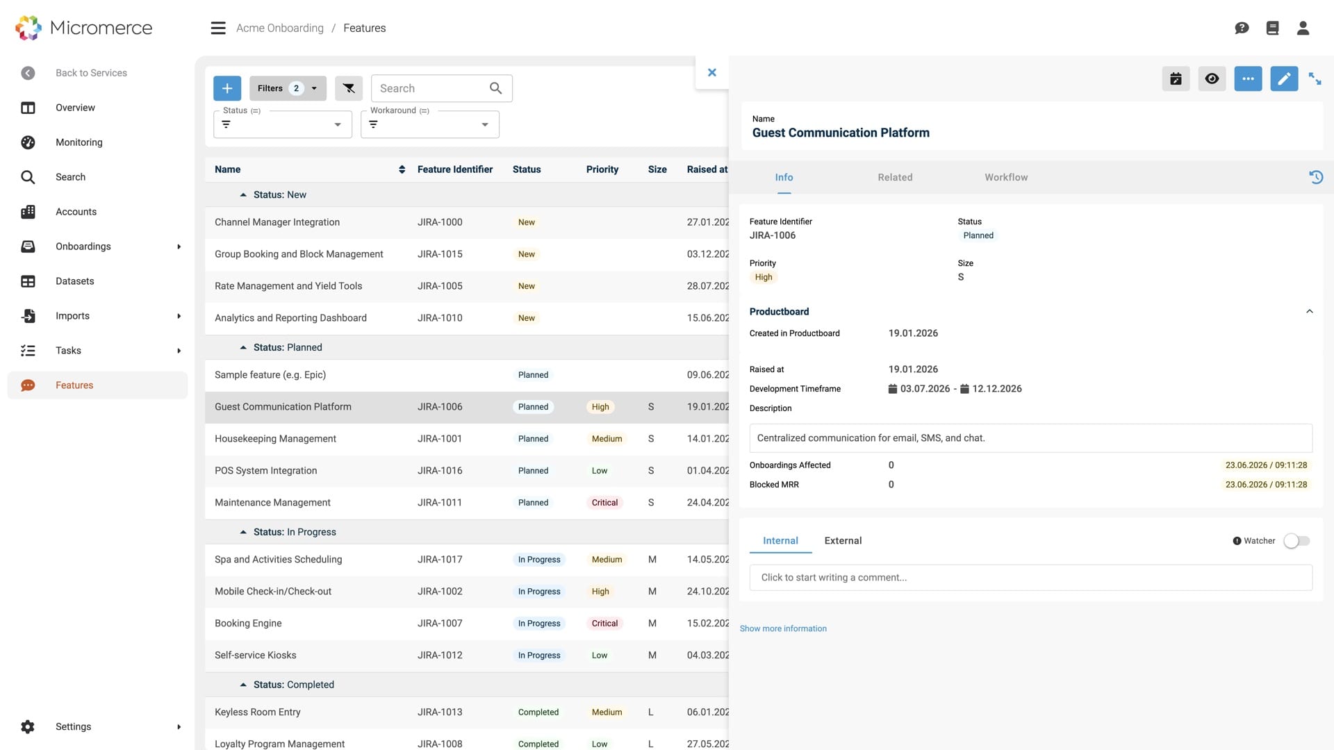 Feature-Detail im Micromerce-Backoffice — Roadmap-Sync, hier mit ProductBoard, mit Entwicklungszeitraum, Beschreibung, betroffenen Onboardings und blockiertem MRR, dazu interne und externe Kommentare
