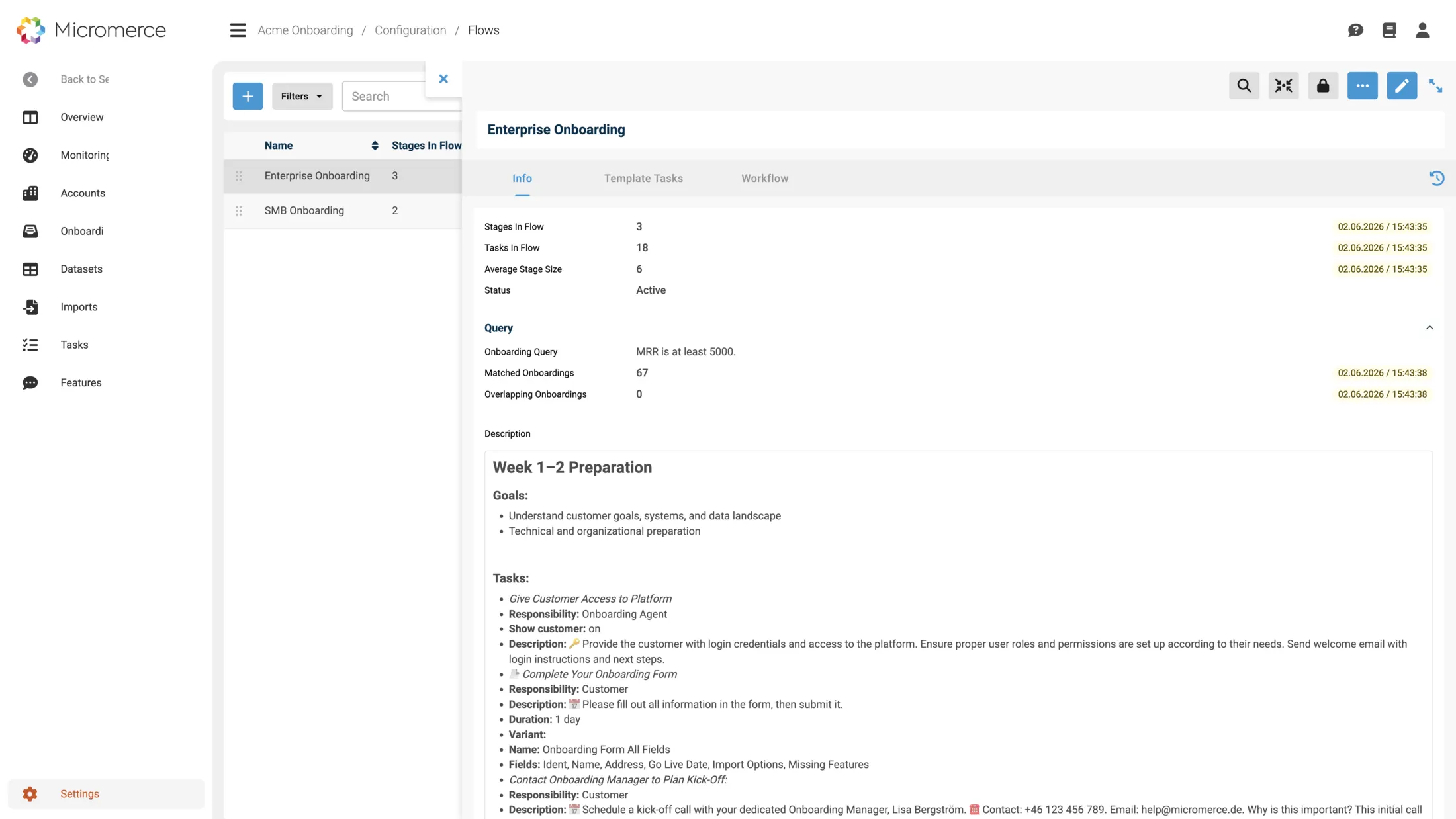 Flow-Konfiguration im Micromerce-Backoffice — Enterprise Onboarding mit 3 Stages, 18 Tasks, Query 'MRR is at least 5000', 67 Matched Onboardings, plus Task-Beschreibungen und Owner