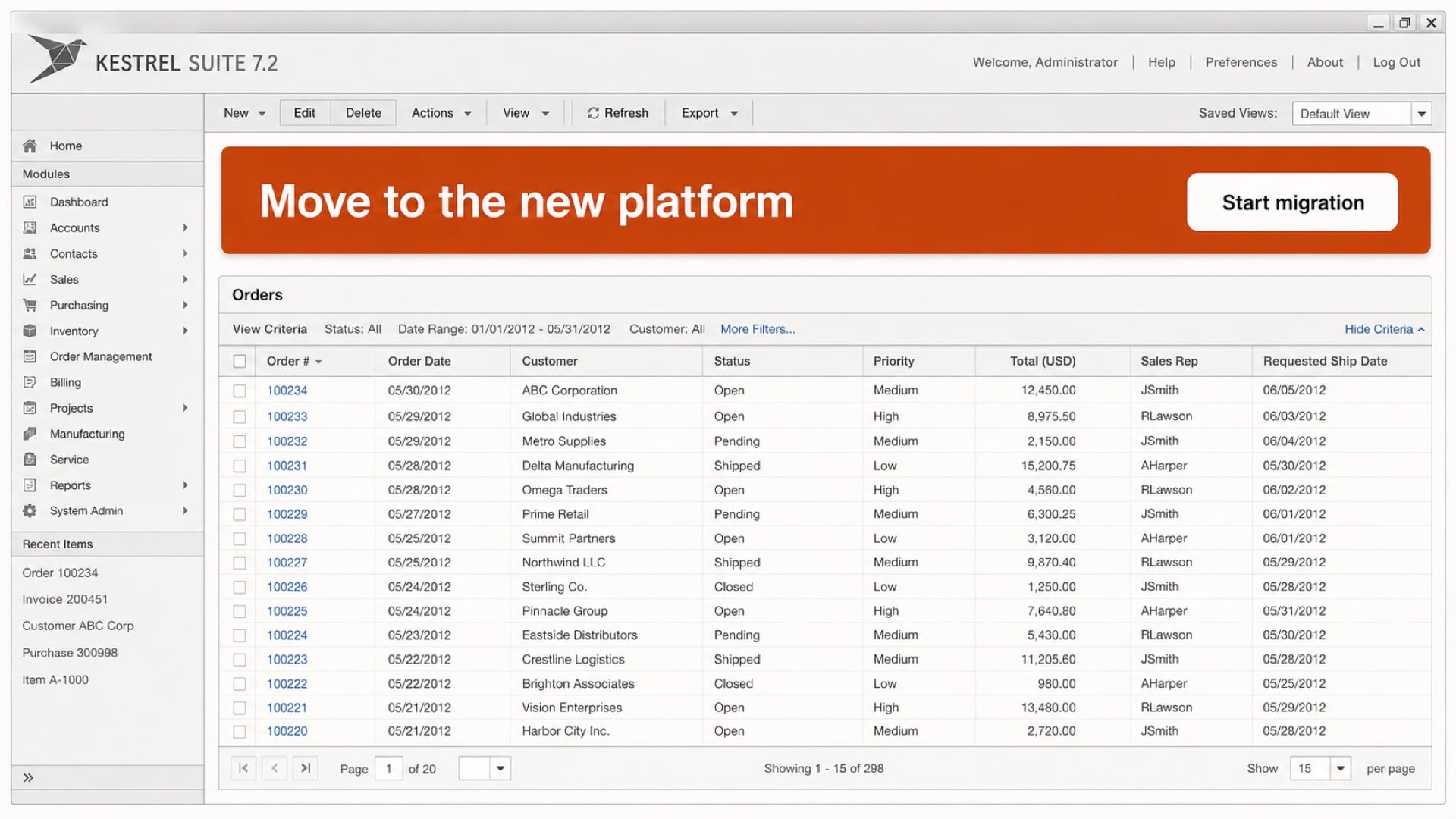 A dated business application with a migration banner across the top reading Move to the new platform, next to a Start migration button