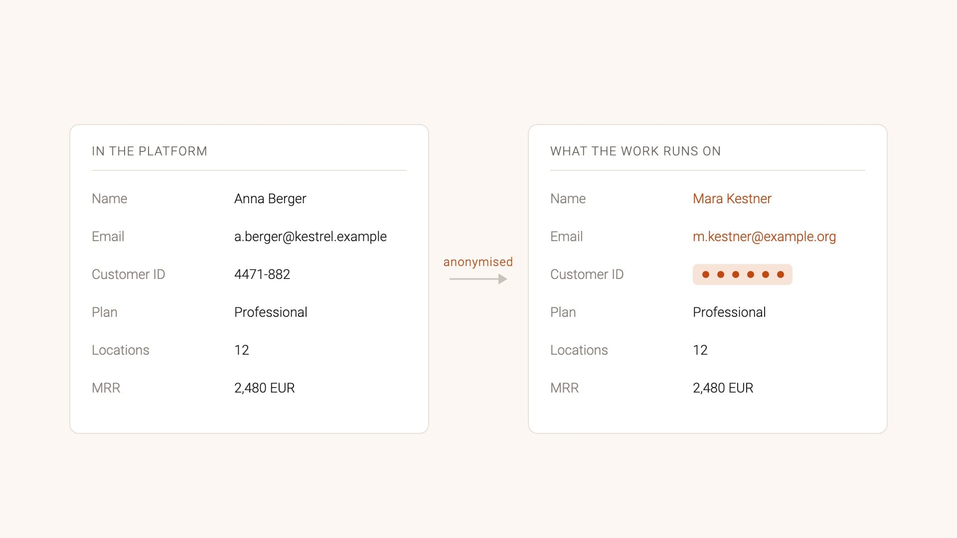 Two records side by side: in the platform every field is readable, while the version the work runs on carries a substituted name and email, a masked customer ID, and the unchanged plan, locations and MRR