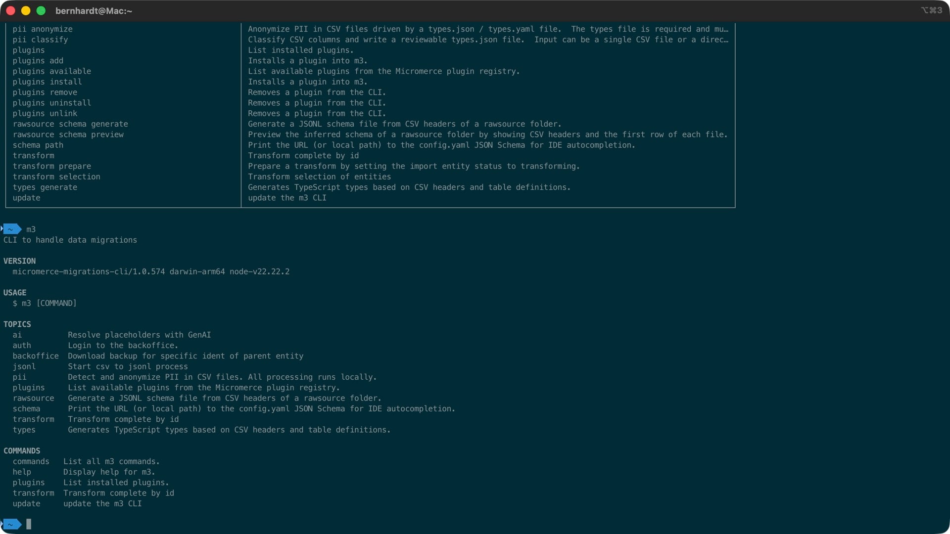 Micromerce m3 Migrations-CLI — PII lokal erkannt und anonymisiert, dieselbe deterministische Engine, die jede Transformation ausführt, Git-versioniert