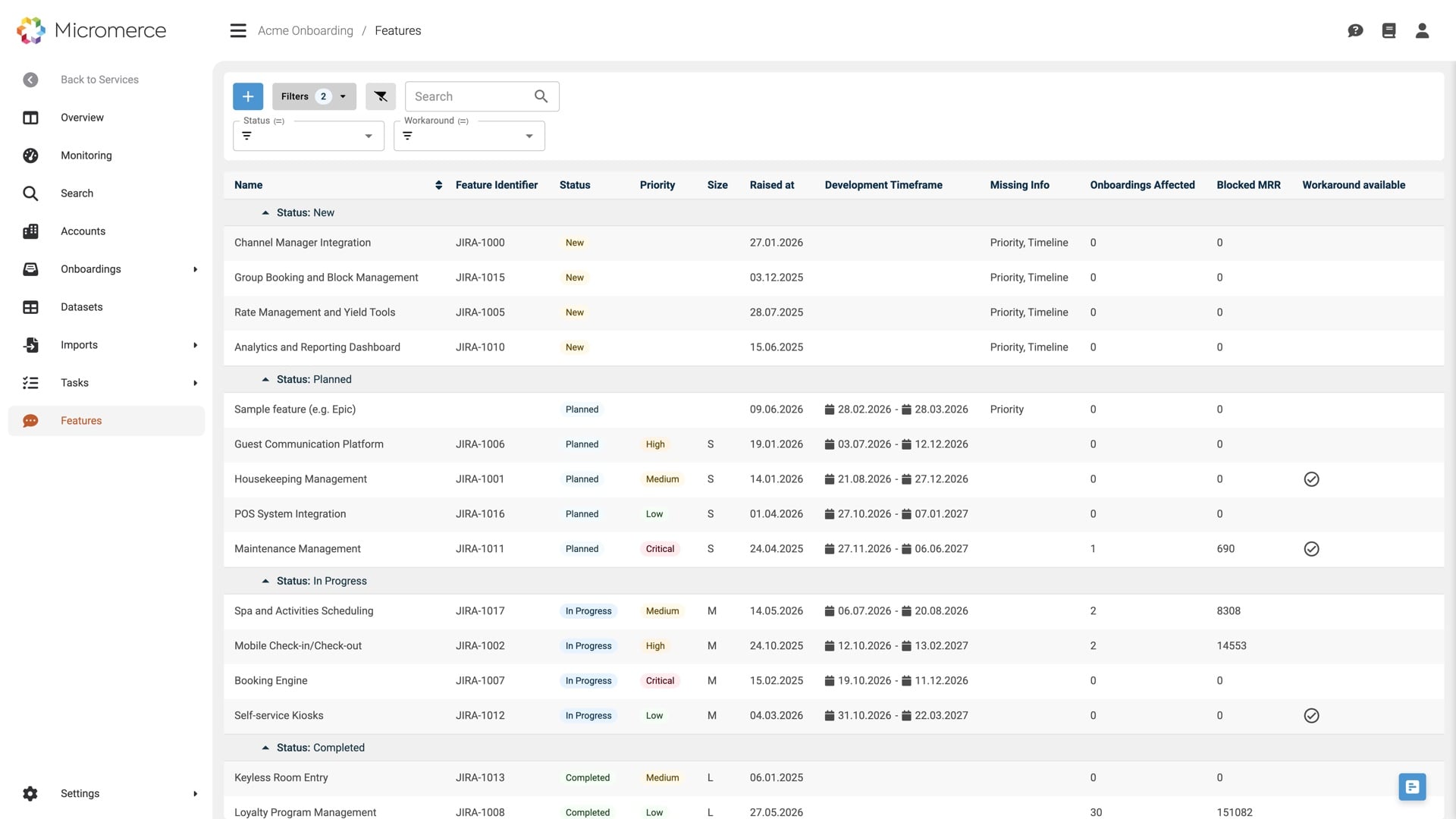 Feature list grouped by status — new, planned, in progress, completed — with priority, size, development timeframe, onboardings affected and blocked MRR per feature