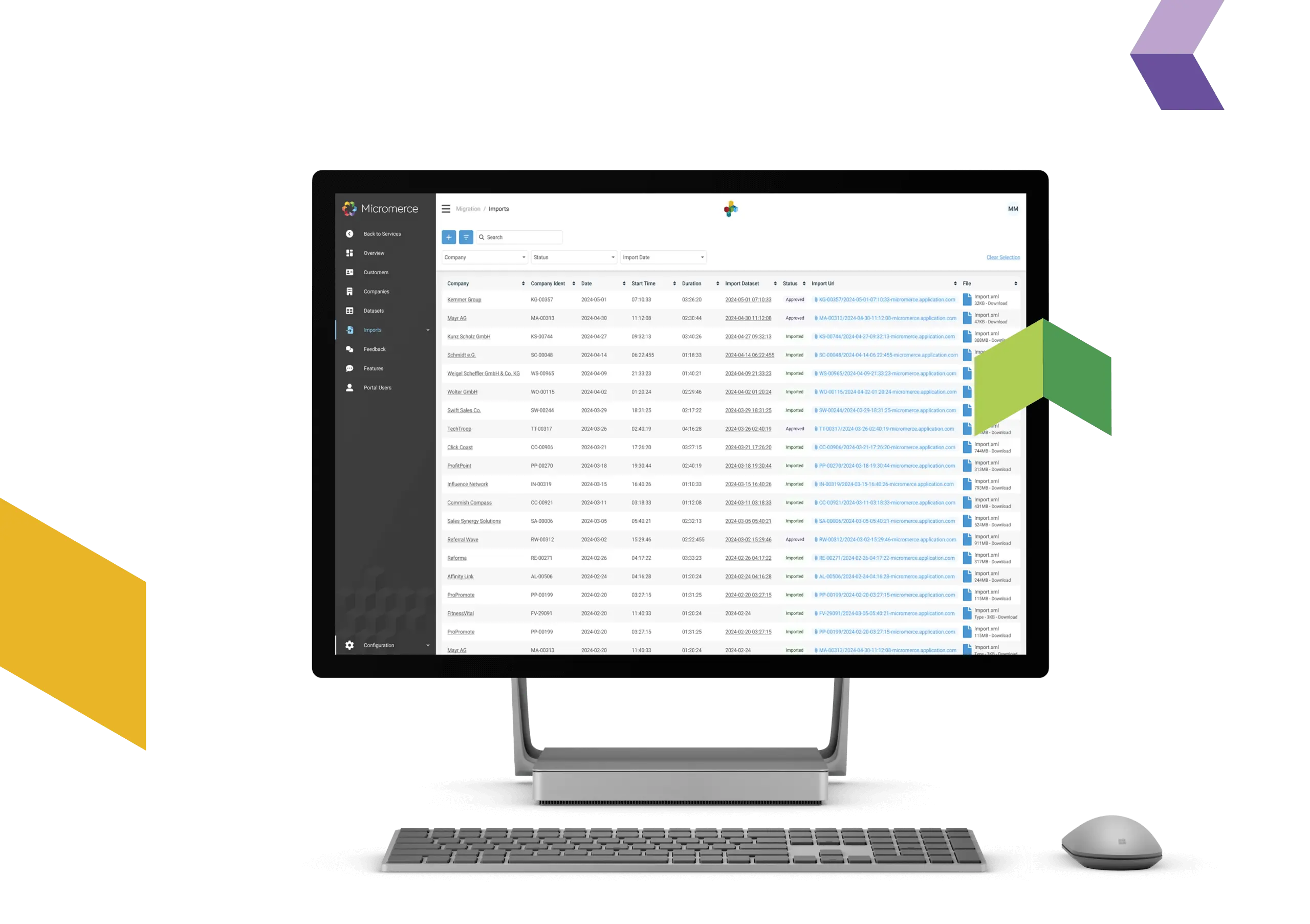 Micromerce import overview on a desktop screen: one row per customer with import date, status and the transferred datasets