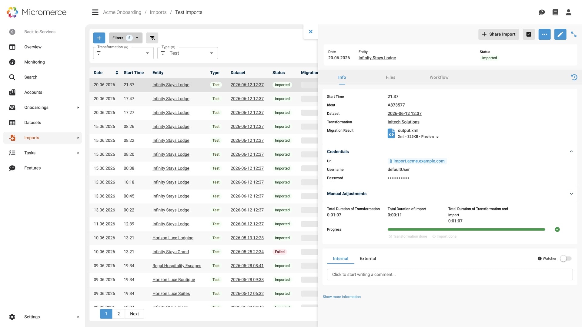 Micromerce imports: test run with transformation, migration result and progress