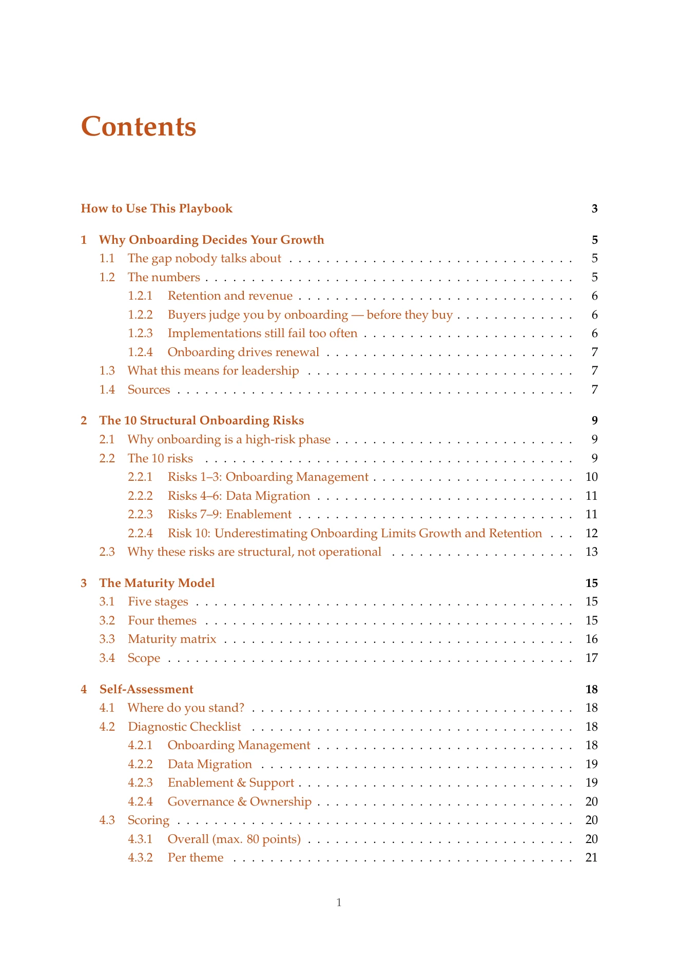 Inhaltsverzeichnis des Playbooks: die zehn strukturellen Onboarding-Risiken, das Reifegradmodell, die Selbsteinschätzung und die Stufenkapitel